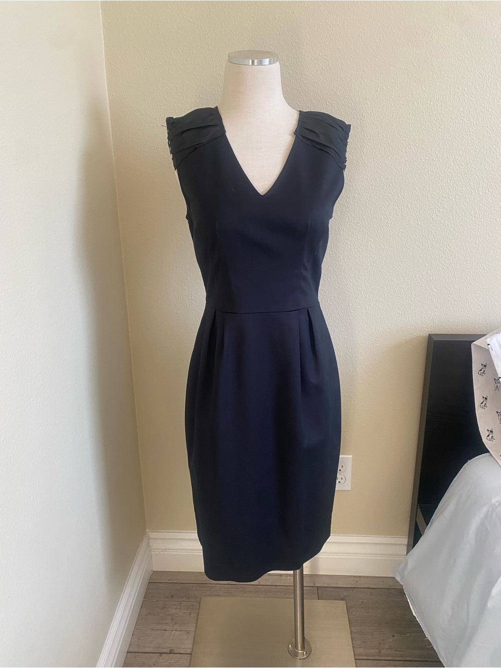 Banana Republic Navy V-Neck Pleated Shoulder Sheath Dress